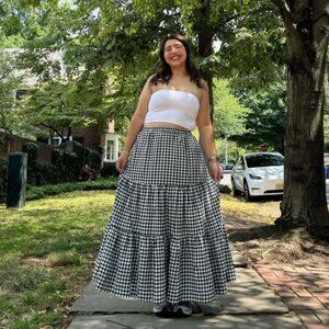 100% Cotton 3X Gingham Tiered Maxi Skirt 3X Black and White Shiny by Nature